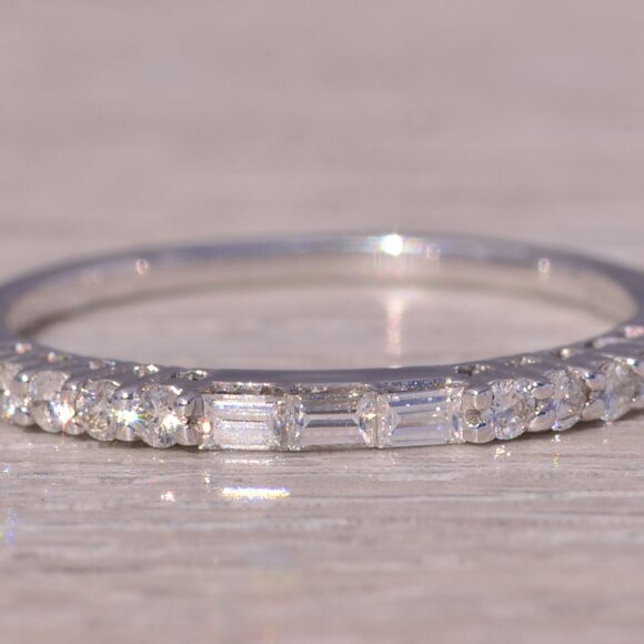 Straight Baguette Cut and Round Brilliant Cut Natural Diamond Band in White Gold
